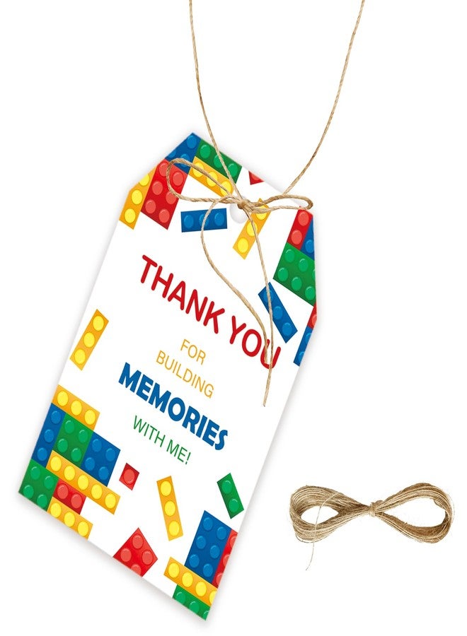 FORSHEEP 50pcs Building Blocks Thank You Tags, Bricks Birthday Party Favors Gift Tag with String, Bricks Favor Tags for Birthday, Building Block Party Favors - Image 1